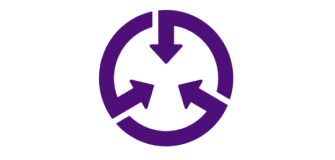 内側に向かって3つの矢印がある紫色の円のロゴ