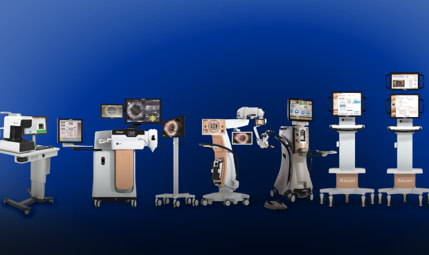 紺色の背景にアルコン製のさまざまな手術器具が描かれているイメージ図。ARGOSバイオメーター、LenSxレーザーシステム、Verionデジタルマーカー、LuxOR Revalia眼科用顕微鏡、Centurionビジョンシステム、ORA SYSTEM収差計。