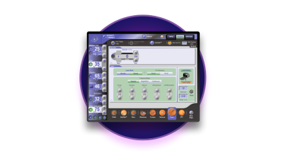 紫色の円の前にPUREPOINTレーザパラメータが表示された CONSTELLATIONビジョンシステム画面のクローズアップ