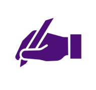 ペンを握る手を描いた濃い紫色のアイコン