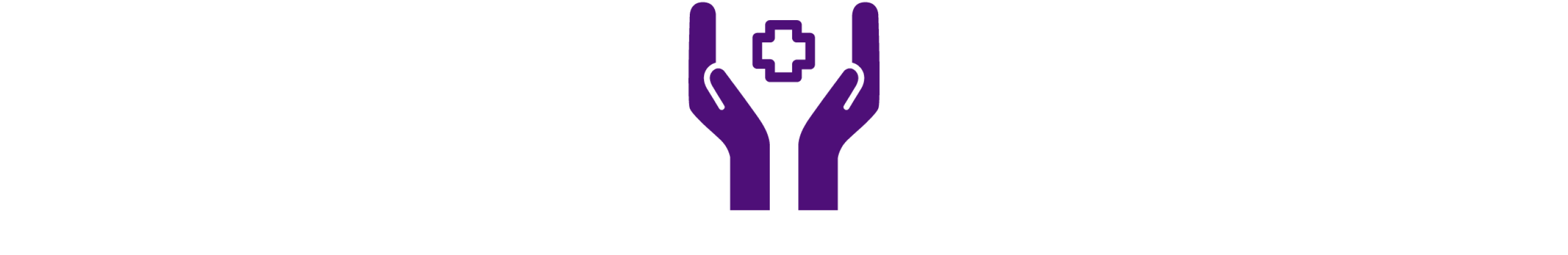十字の医療ロゴを両手で包み込む様子を描いた濃い紫色のアイコン