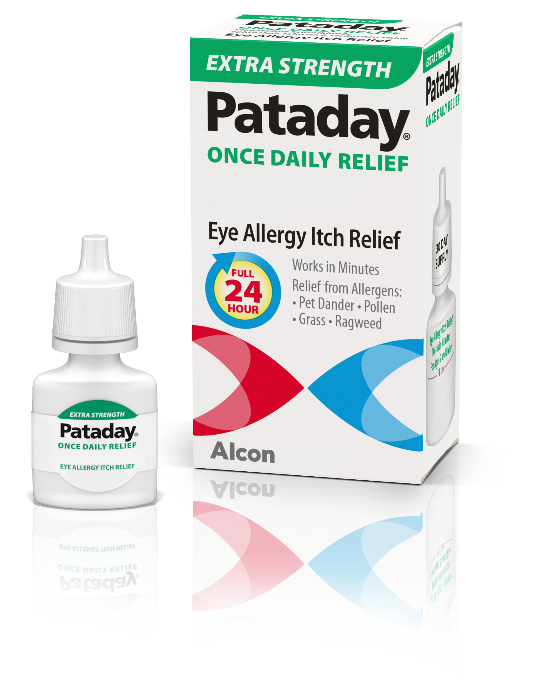 bottle and product box for Extra Strength Pataday eye allergy itch relief drops by Alcon