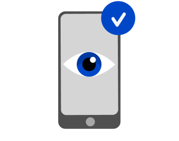 mobile phone icon showing a blue eye on the screen with a blue status checkmark in the upper right corner