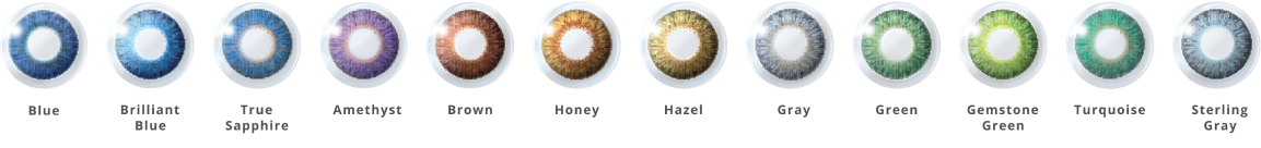 Air Optix Colors contact lens color comparison: Blue, Brilliant Blue, True Sapphire, Amethyst, Brown, Honey, Hazel, Gray, Green, Gemstone Green, Turquoise, Sterling Gray.