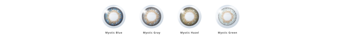 Dailies Colors contact lens color comparison: Mystic Blue, Mystic Gray, Mystic Hazel, Mystic Green.