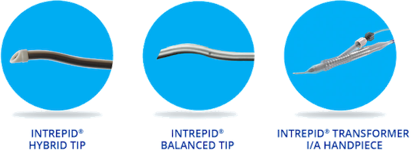 INTREPID Hybrid Tip、INTREPID Balanced Tip、INTREPID TRANSFORMER I/A HANDPIECEをそれぞれ青い丸い背景で表現。3つの青い円の隣にはCENTURION Vision System with ACTIVE SENTRY ハンドピースがある。